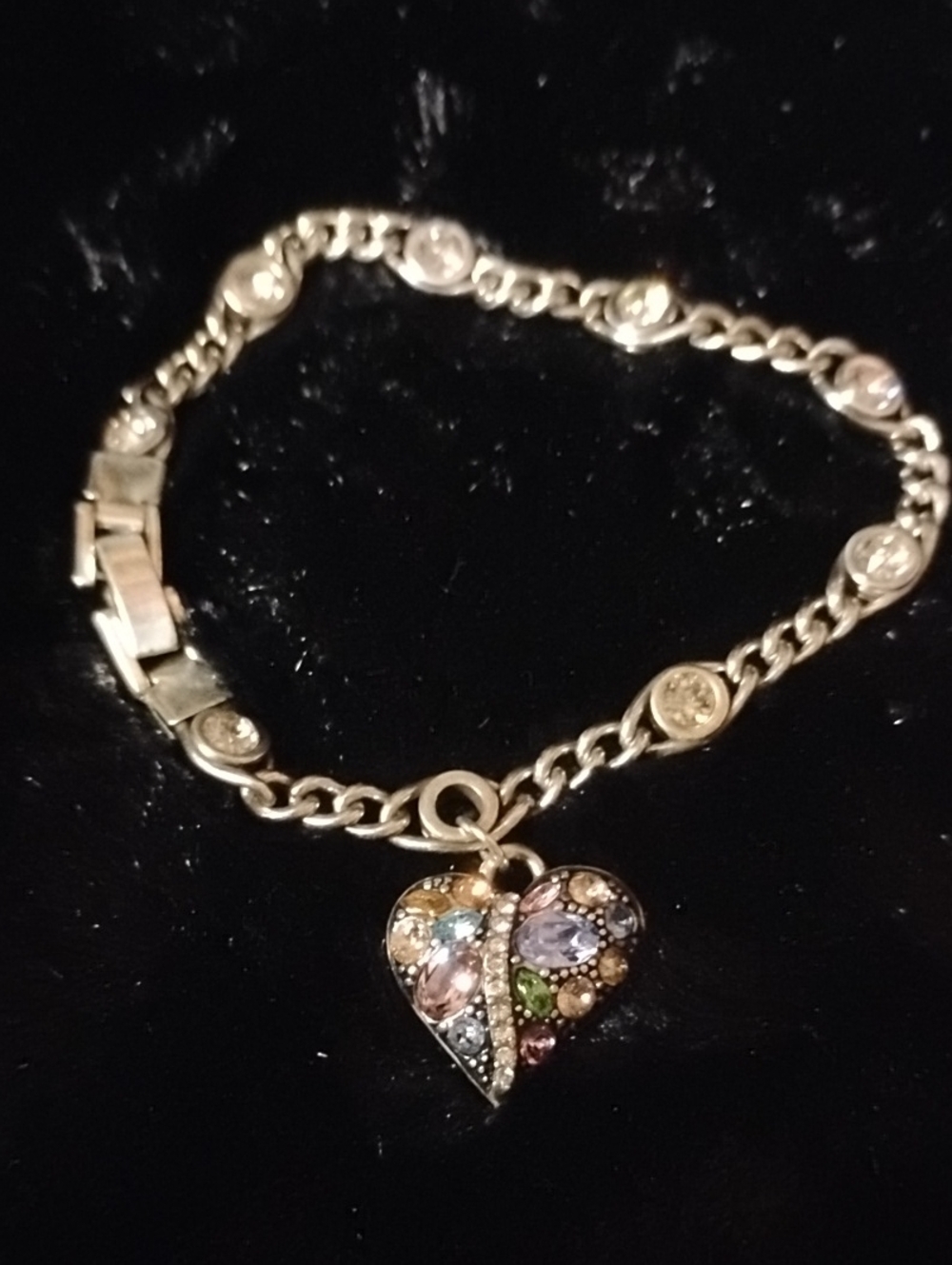 Sterling Silver Heart Charm Bracelet with Multicolor Gem Accents
